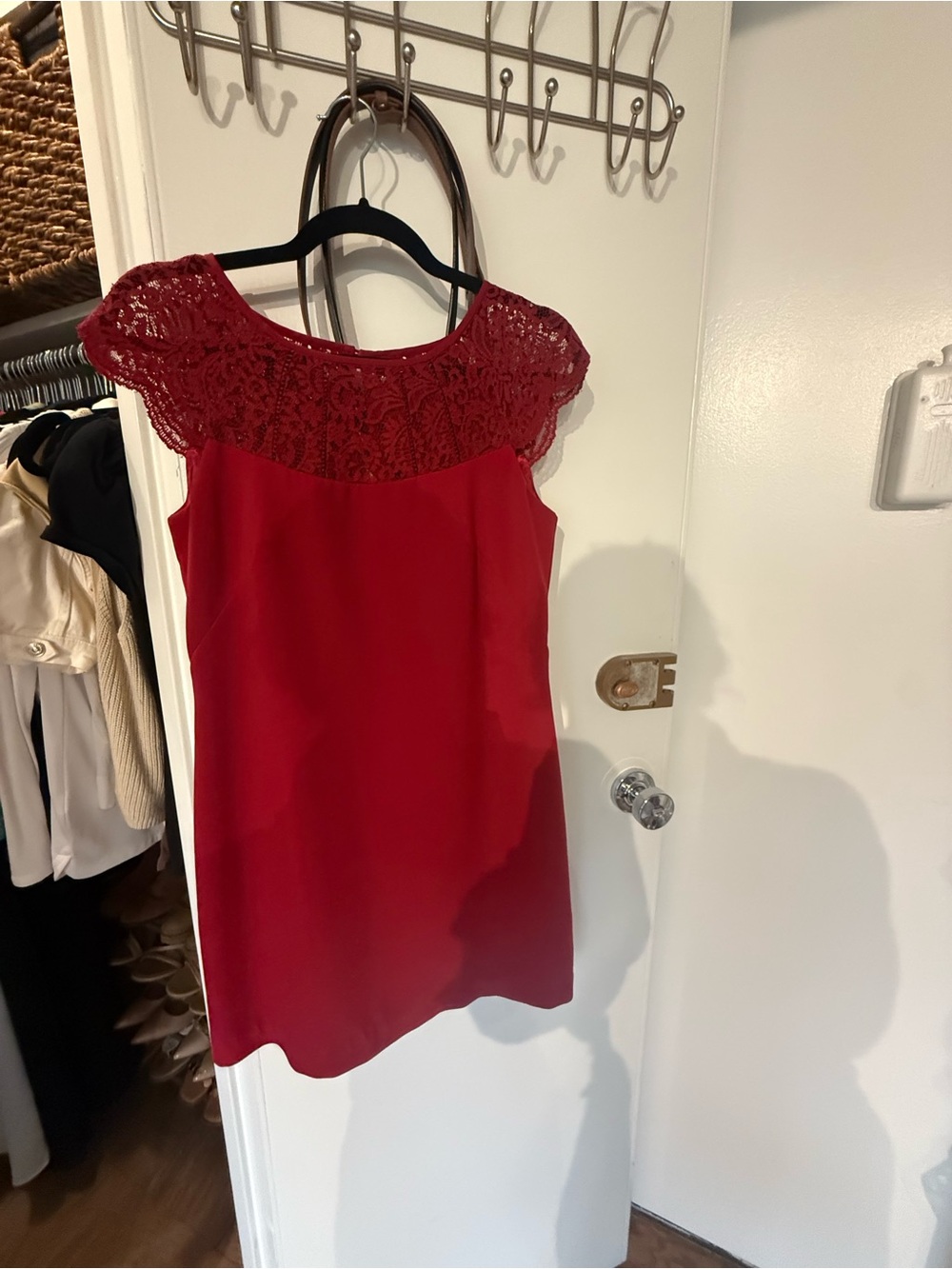 White House Black Market Red Lace Yoke Shift Dress